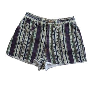VTG Green and Purple Denim Raw Hem Stripe and Aztec High Rise Shorts